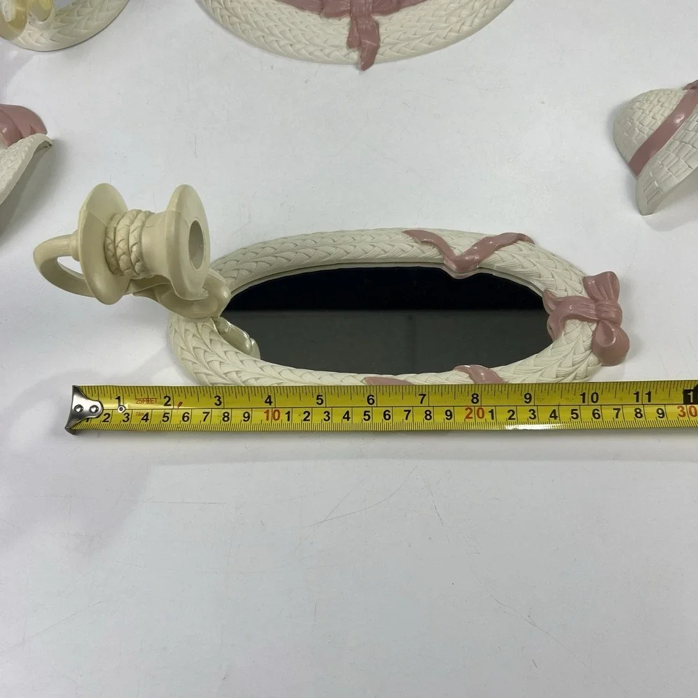 Vtg 90's Burwood Wall Decor 9pc Set White Pink Bows Faux Wicker Mirrors *Flaws*